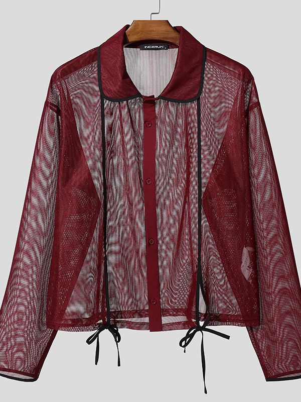 Men's Sheer Fine Mesh Contrast Trim Lace Up Long Sleeve Shirt SKUL48012