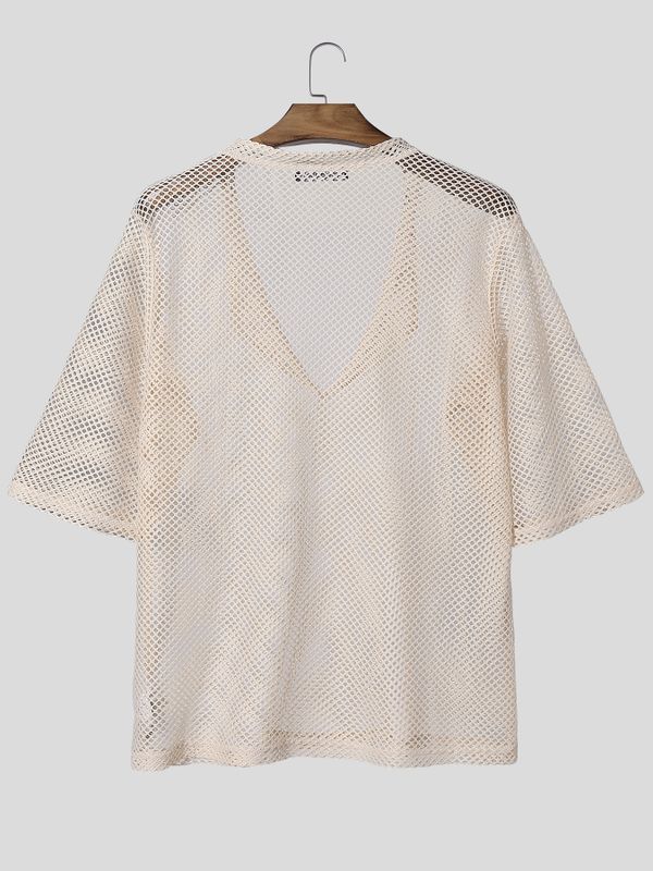 Men's Sheer Mesh Pocket Collar Half Sleeve T-shirt SKUL54681