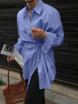 Men's Striped Waist Drawstring Long Sleeve Shirt SKUL32844