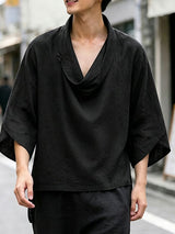 Men's Avant-Garde Modern Neo-Chinese Zen Cowl Neck Loose Kimono Sleeve Shirt SKUL73630