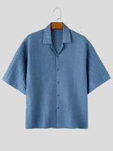 Men's Vintage Textured Drop Shoulder Cuban Collar Short Sleeve Shirt SKUL73655