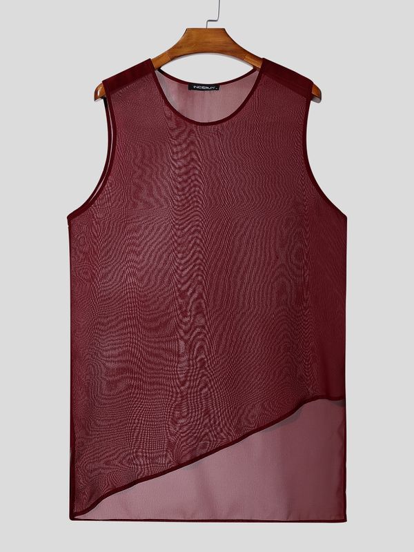 Men's Sexy Avant-Garde Asymmetric Hem Sheer Mesh Longline Sleeveless Tank SKUL66052