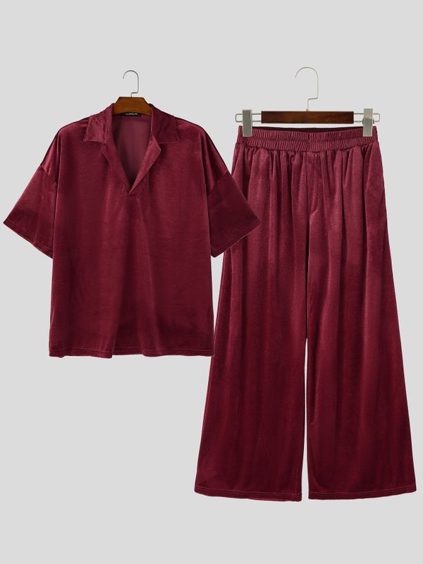 Men's High-Street Casual Oversized Velour Deep-V Two Pieces Outfit SKUL79071