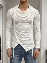 Men's Avant-Garde High Street Draped Cowl Neck Hanging Drawstring Asymmetrical Pointed Hem Long Sleeve T-shirt SKUL83998