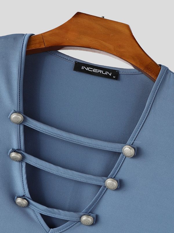 Men's High-End Clubwear Deep V-Neck Strappy Muscle Fit Long Sleeve Shirt SKUL77302