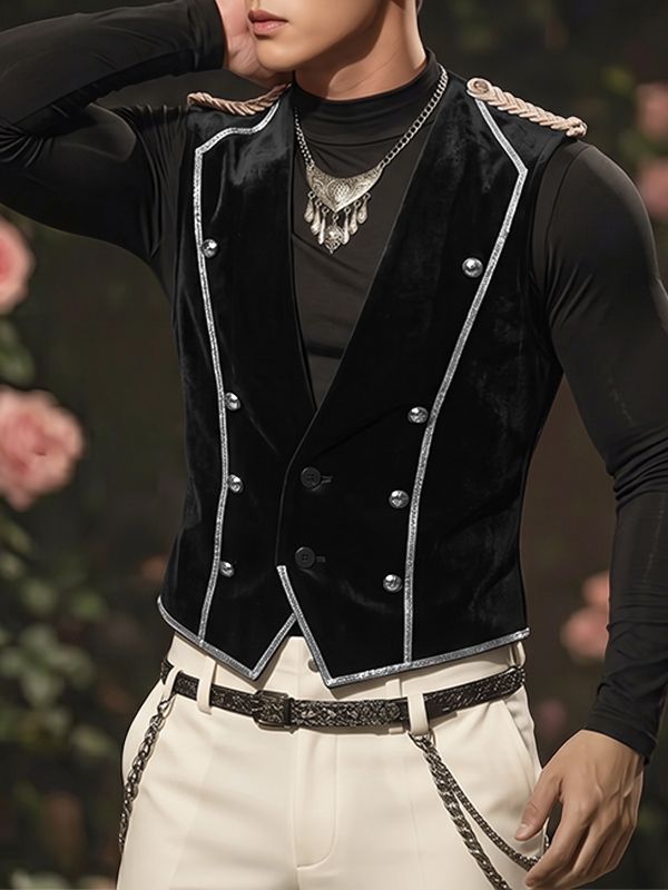 Men's Vintage Aristocrat Velvet Braided Epaulettes Silver Piping Waistcoat SKUL75533