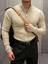 Men's Early Autumn Urban Casual Full Zip Ribbed Long Sleeve Stand Collar Cardigan SKUL79623