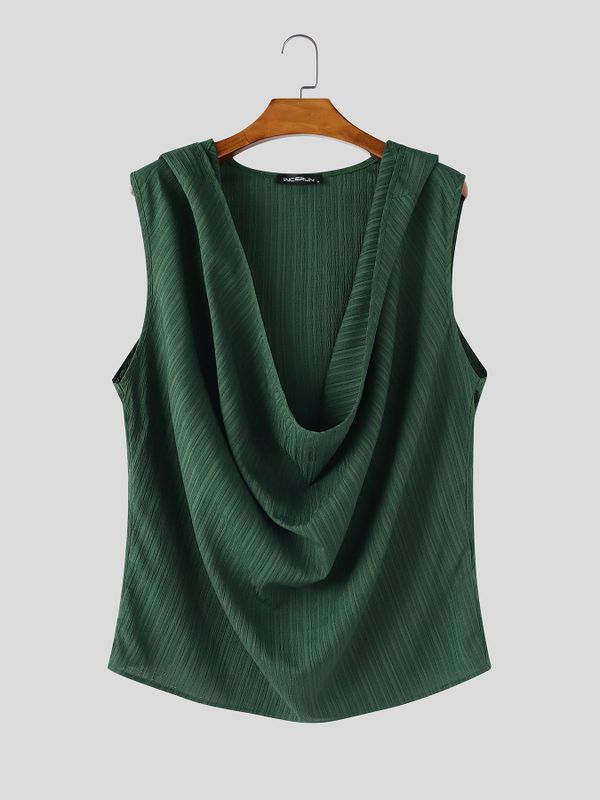Men's Avant-Garde High Street Deep Cowl Neck Hooded Crinkle Tank SKUL75606