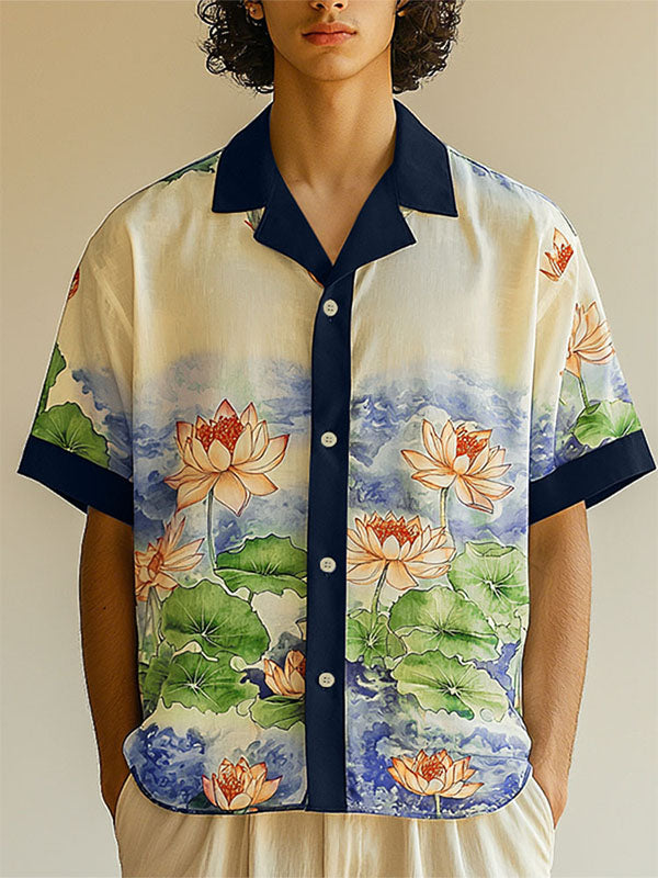 Men's Lotus Print Color Block Short Sleeve Shirt SKUL18779