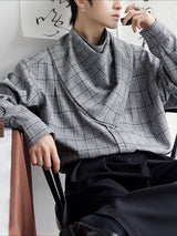 Men's British Style Plaid Scarf Collar Long Sleeve Shirt SKUL31853