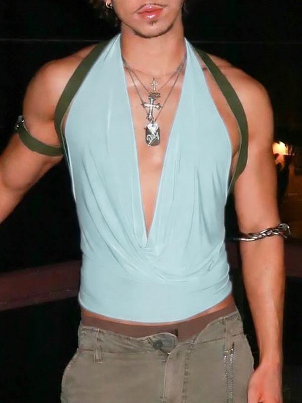 Men's Solid Color Deep V Neck Cropped Tank SKUL54061