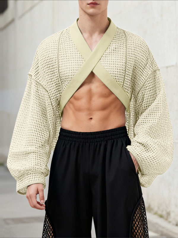 Men's Hollow Mesh Cropped Long Sleeve T-shirt SKUL46551