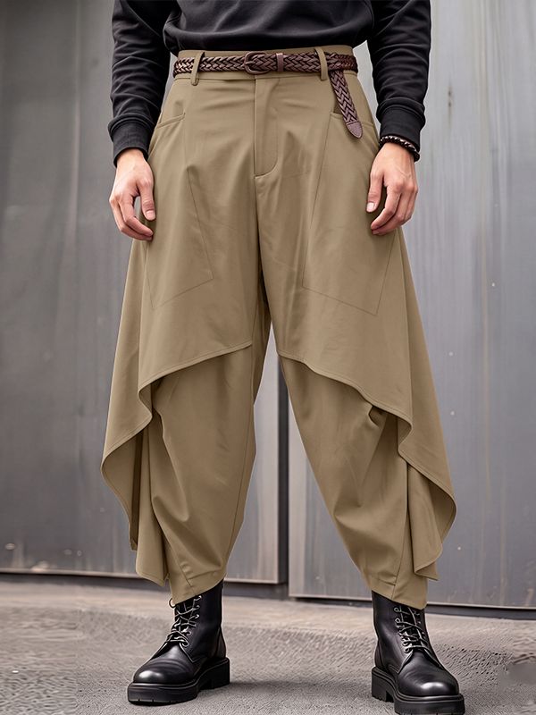 Men's Avant-Garde Darkwear Urban Street Asymmetric Skirt Overlay Drop-Crotch Pant SKUL84575
