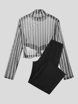 Men's Sheer Striped Cropped Two Pieces Outfit SKUL25950