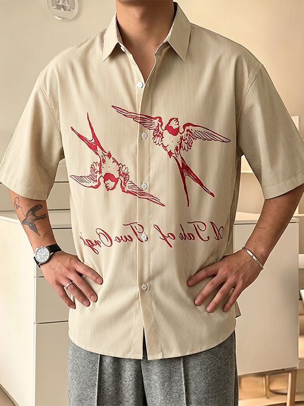 Men's Vintage Artistic Swallow Print Vertical Ribbed Short Sleeve Shirt SKUL69375