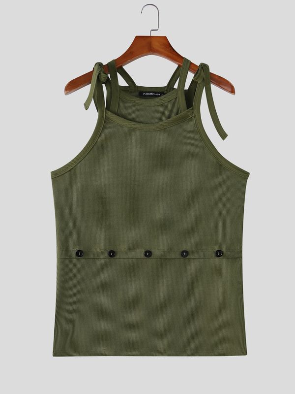 Men's Avant-Garde Multi-Strap Tie Shoulder Button Decor Fit Ribbed Tank SKUL74520