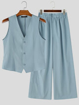 Men's Summer Casual Textured Deep V-Neck Two Pieces Outfit SKUL69692