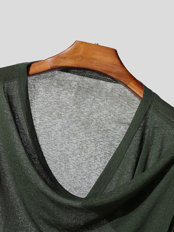 Men's Avant-Garde Asymmetrical Draped Cowl Neck Semi-Sheer T-shirt SKUL77324
