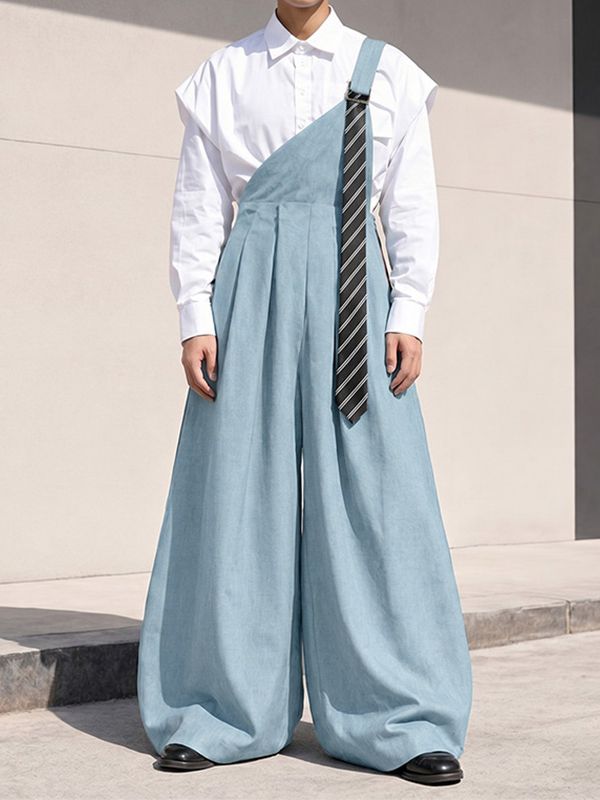 Men's Avant-Garde Deconstructed Asymmetric One-Shoulder Suspender High-Waist Jumpsuit SKUL73642