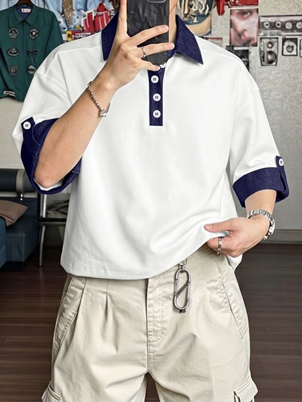 Men's Vintage Cityboy Aesthetic Contrast Cuffed Sleeve Shirt SKUL62092