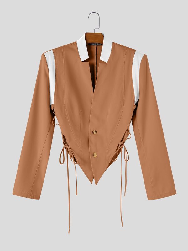 Men's Avant-Garde Deconstructed Stage Runway Side Cutout Strappy Tie Pointed Hem Blazer SKUL85227
