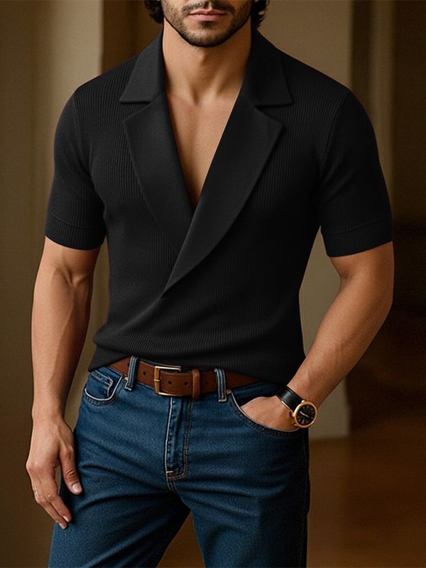 Men's Solid Color Deep V-Neck Short Sleeve Shirt SKUL53140