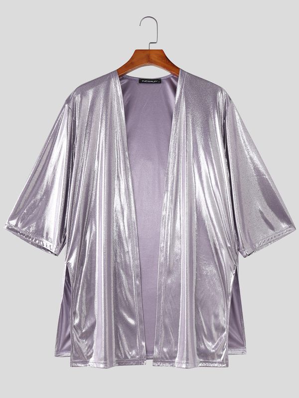 Men's Avant-Garde Liquid Metallic Gloss Front Tie Deep-V Deconstructed Cropped Kimono-Style Blazer SKUL63149