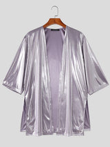 Men's Avant-Garde Liquid Metallic Gloss Front Tie Deep-V Deconstructed Cropped Kimono-Style Blazer SKUL63149