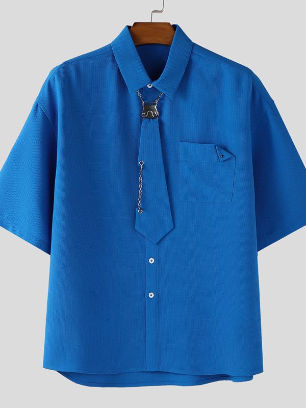 Men's Detachable Tie Textured Half Sleeve Shirt SKUL38896