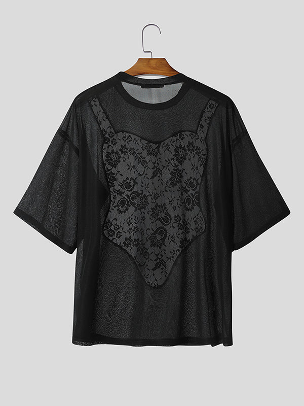 Mens Lace Patchwork Casual Short Sleeve T-Shirt SKUL13907