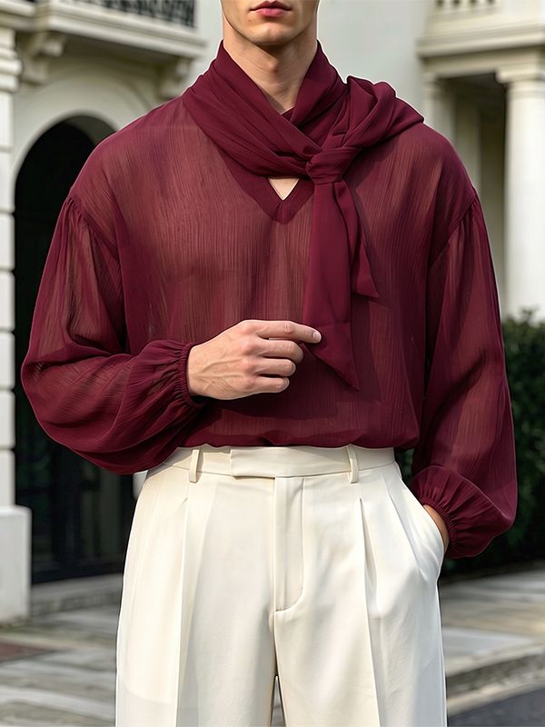 Men's Retro Party Wrapped Scarf Tie Bishop Lantern Long Sleeve Ascot Collar Shirt SKUL81164