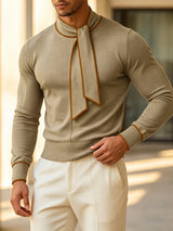 Men's Early Autumn Retro Contrast Trim Ribbon Neck Long Sleeve High Neck Pullover SKUL81061