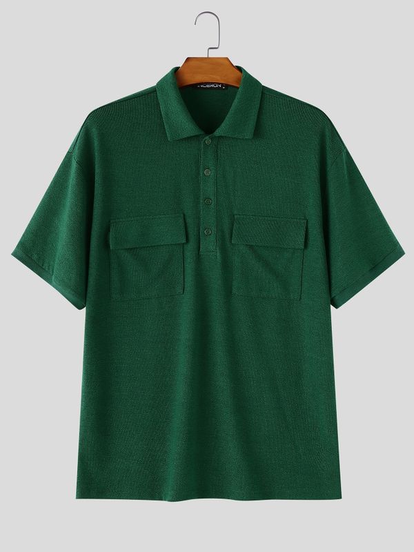 Men's Japanese Cityboy Aesthetic Dual Utility Chest Pocket Knit Polo Shirt SKUL72596