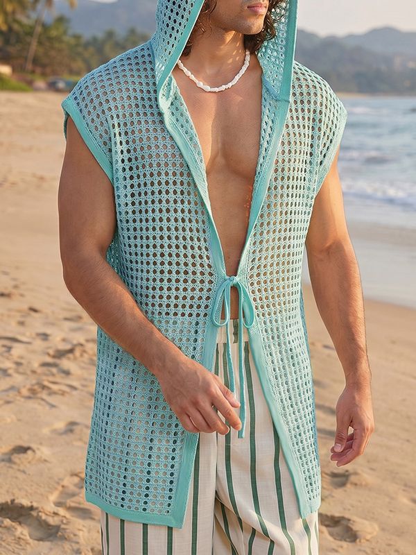 Men's Beach Resort Sheer Crochet Mesh Sleeveless Hooded Longline Cardigan SKUL71411