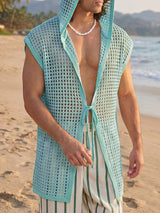 Men's Beach Resort Sheer Crochet Mesh Sleeveless Hooded Longline Cardigan SKUL71411