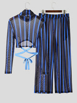 Men's Striped Sheer Mesh Cropped Two Pieces Outfit SKUL23458