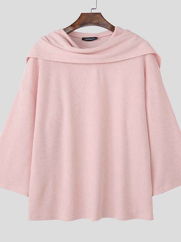 Men's Solid Color Textured Drape Neck Long Sleeve Sweater SKUL45163