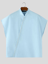 Men's Avant-Garde Asymmetrical Pearl Button Mandarin Collar Sculptural Shirt SKUL57186