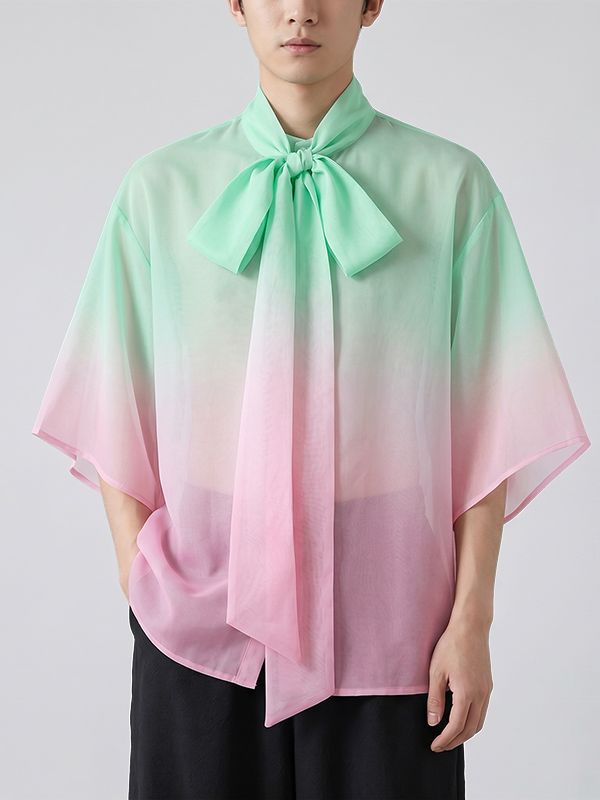 Men's Elegant Romantic Gradient Sheer Tie Neck Wide Sleeve Shirt SKUL66215