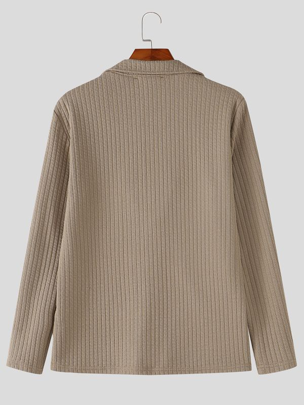 Men's Smart-Casual Ribbed Knit Plunging V-Neck Lapel Long Sleeve Shirt SKUL78979