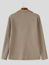 Men's Smart-Casual Ribbed Knit Plunging V-Neck Lapel Long Sleeve Shirt SKUL78979