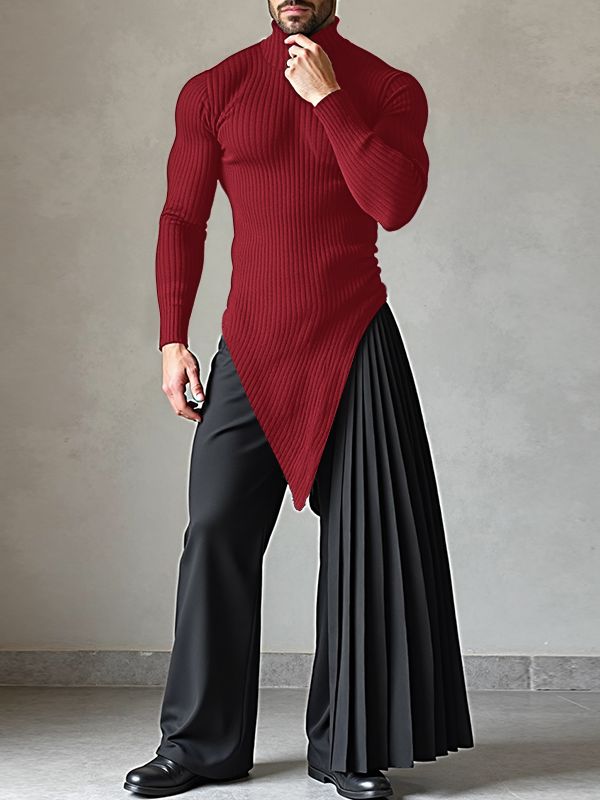 Men's Textured Turtleneck Irregular Hem Long Sleeve Sweater SKUL37543