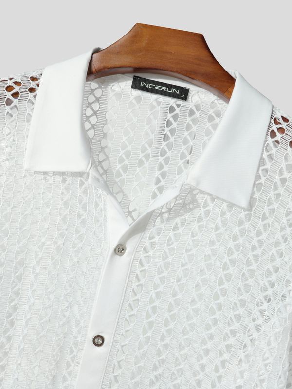 Men's Beach Resort Open Knit Mesh Sheer Long Sleeve Button Down Polo Shirt SKUL73669