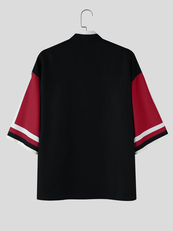 Men's Cyberpunk Pixel Geometric Block Contrast Stand Collar Short Sleeve Shirt SKUL61165