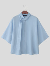 Men's Vintage Modern Chinese Scarf Tie Mandarin Collar Crinkled Oversized Short Sleeve Shirt SKUL71250