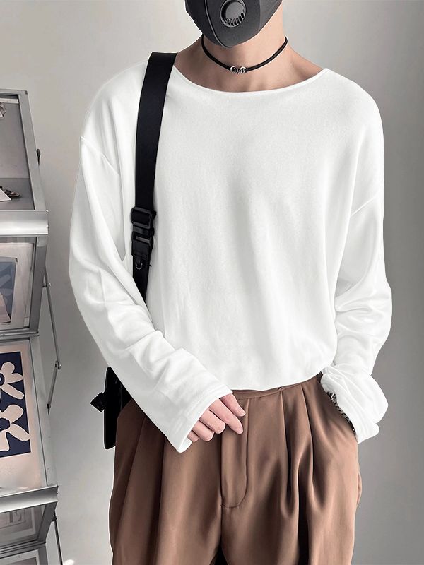 Men's Solid Color Loose Crew Neck Long Sleeve T-Shirt SKUL38549