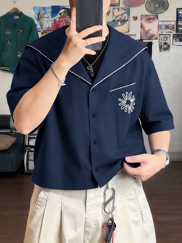 Men's Vintage Sailor Collar Daisy Print Piped Cropped Boxy Shirt SKUL57710