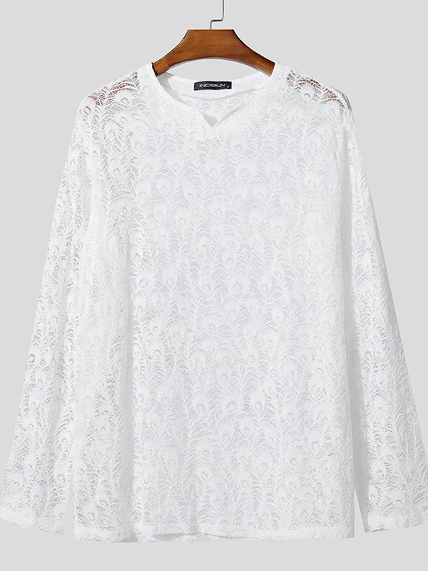 Men's Lace Semi-Sheer Long Sleeve T-shirt SKUL37720