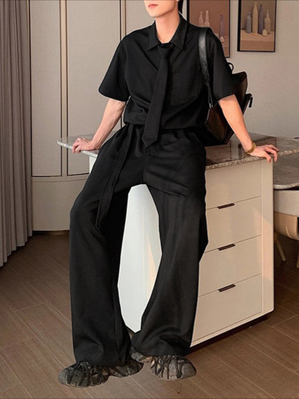 Men's Solid Color Tie Lapel Casual Two Pieces Outfit SKUL30323