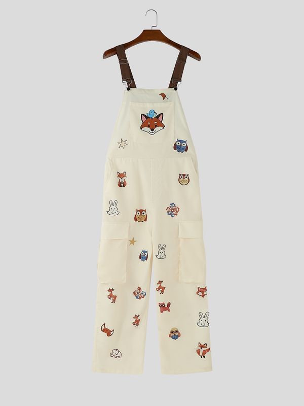 Men's Vintage Japanese Cityboy Cute Cartoon Animal Print Loose Cargo Overall SKUL52906